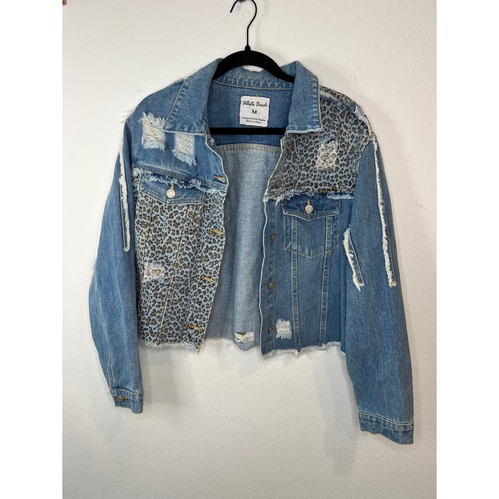 White Birch Womens Denim Jacket Leopard Print Distressed Frayed Hem Blue M